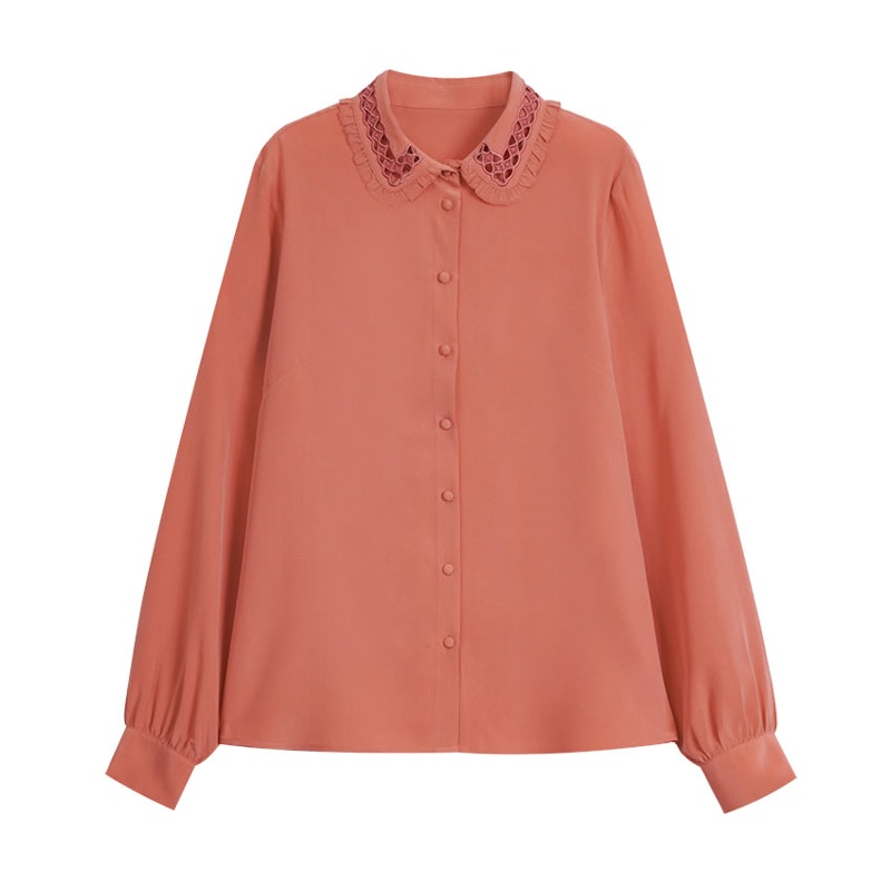 Women Silk Blouse with Openwork Embroidery Collar