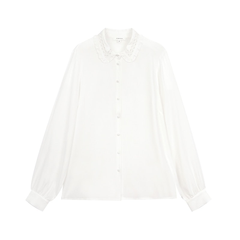 Women Silk Blouse with Openwork Embroidery Collar