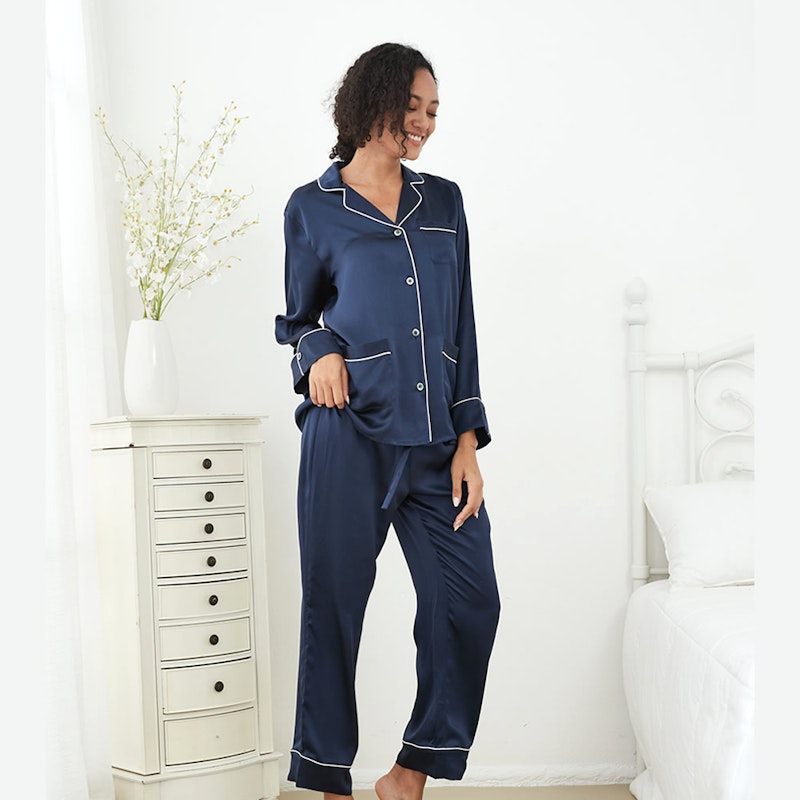 Women Full Length Silk Pajama Set With White Piping, RachelSilk