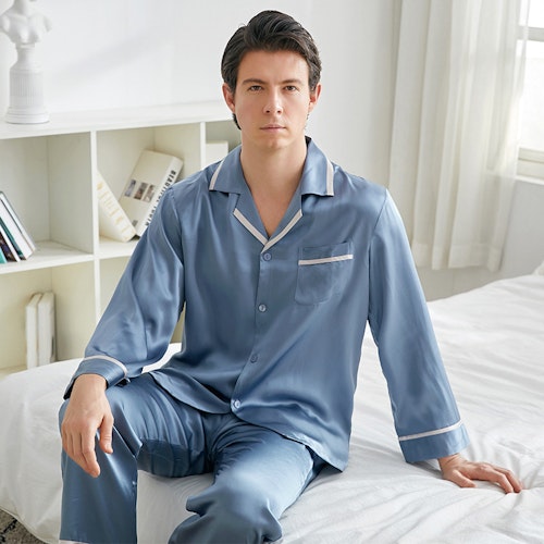 Women Luxury Navy Blue Striped Silk Pajamas, RachelSilk