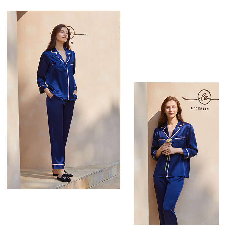 Women Chic Silk Pajamas With Turn Down Collor detail Image
