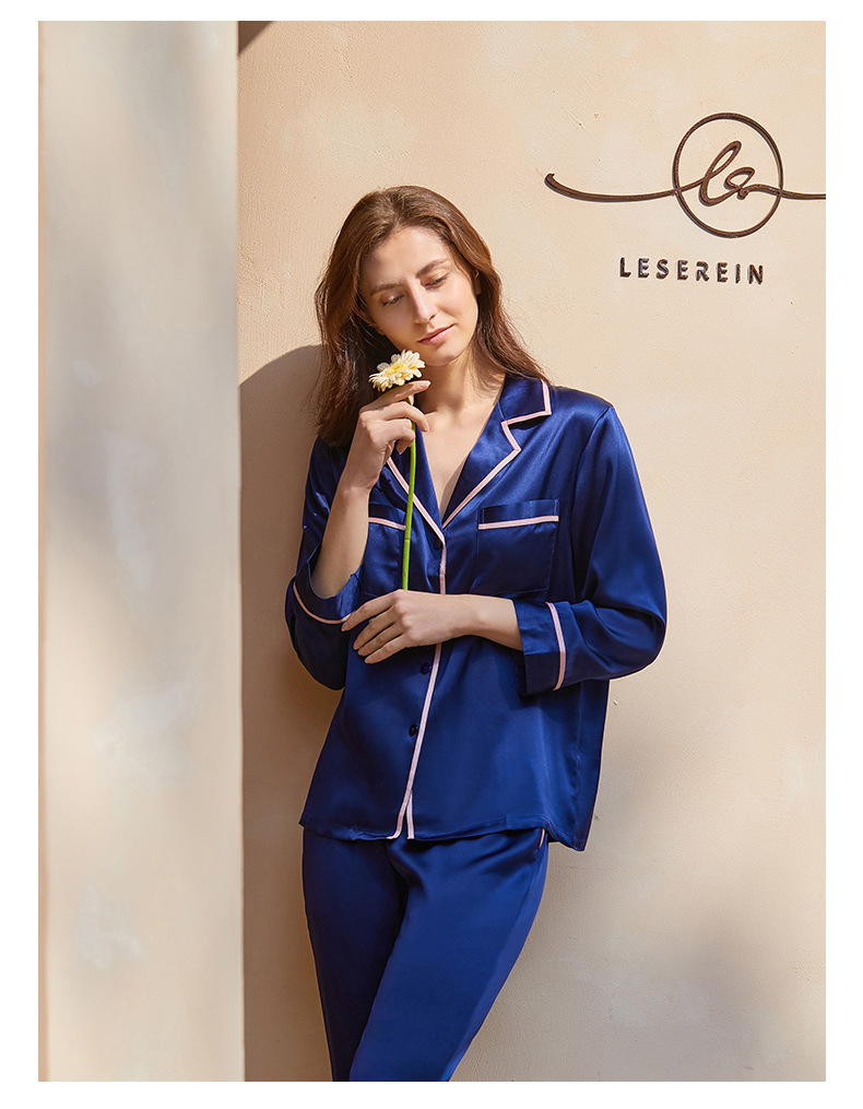 Women Chic Silk Pajamas With Turn Down Collor detail Image