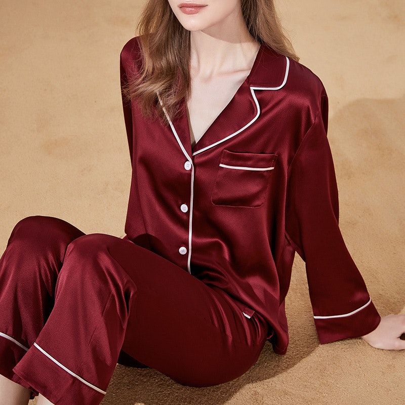 Women Full Length Silk Pajama Set With White Piping