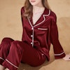 Women Full Length Silk Pajama Set With White Piping Color