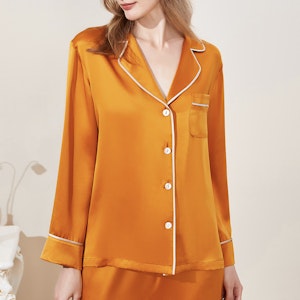 Women Full Length Silk Pajama Set With White Piping