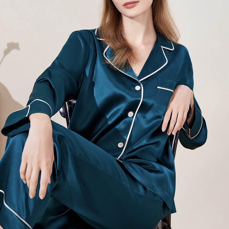 Women Full Length Silk Pajama Set With White Piping