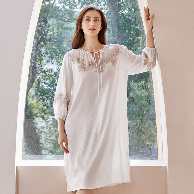 Women Vintage Long Sleeves Silk Jacquard Nightgown RachelSilk