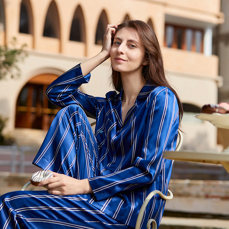 Women's 100% Silk Pajama Black and White Striped Silk Pajamas Sleepwear Sets