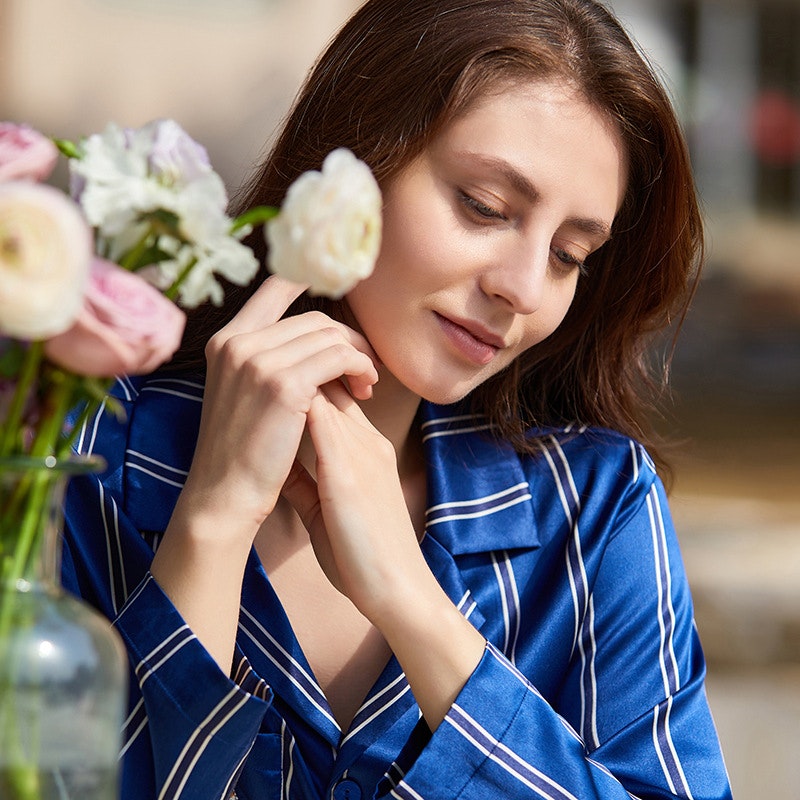 Women Luxury Navy Blue Striped Silk Pajamas