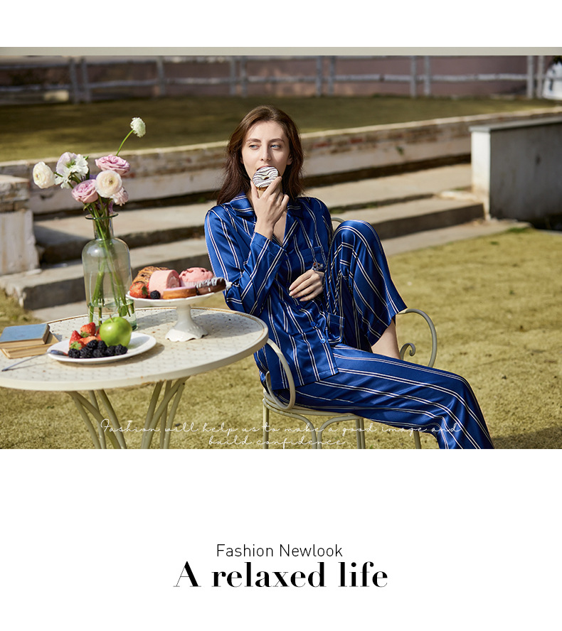 Women Luxury Navy Blue Striped Silk Pajamas