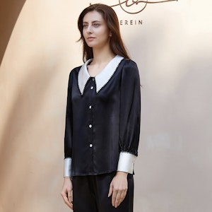 Women Retro Black Silk Pajamas With Pointy Collar