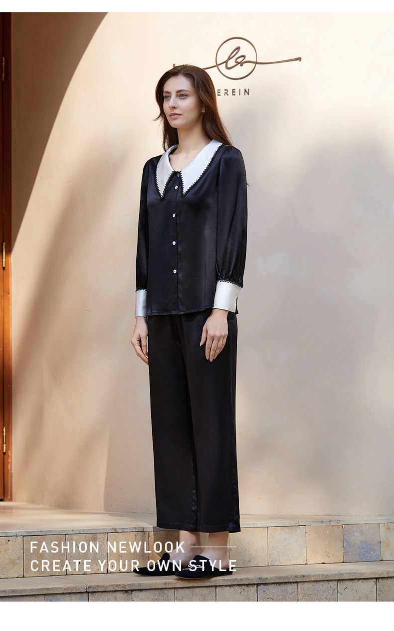Women Retro Black Silk Pajamas With Pointy Collar detail Image