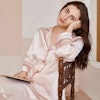 Women Sweet Pink Silk Pajamas With Red Piping Color