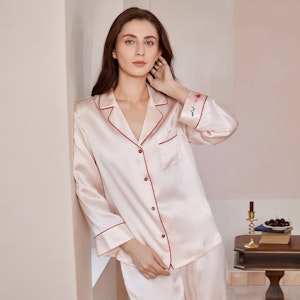 Women Sweet Pink Silk Pajamas With Red Piping