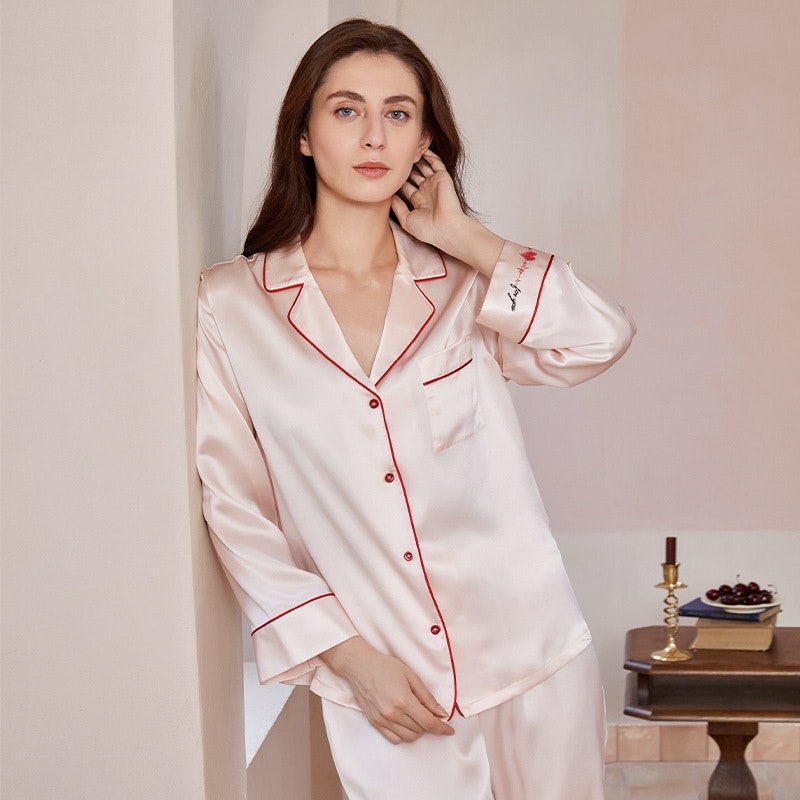 Women Sweet Pink Silk Pajamas With Red Piping