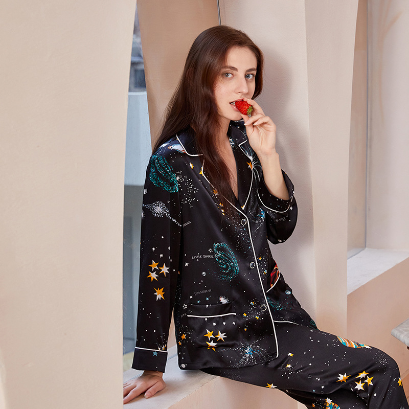 Stars Printed Black Silk Pajamas For Women, RachelSilk