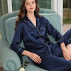 luxury Long Silk Couple Pajamas With Stripe Piping Color