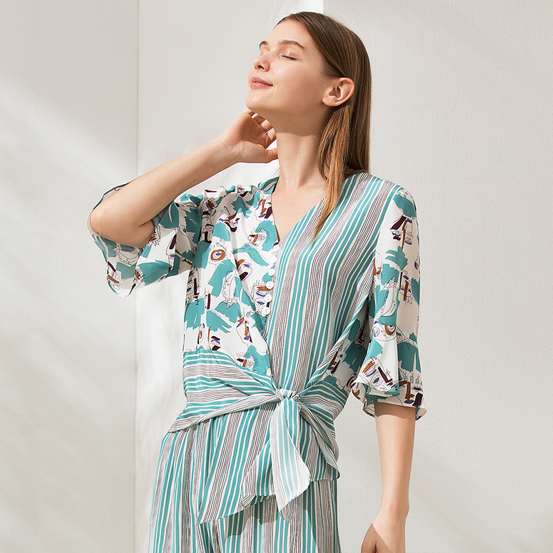 Unique Asymmetrical Striped Silk Home Wear RachelSilk United States