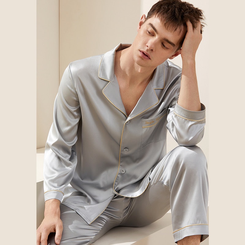 Mens Silk Pajama Set With Piping
