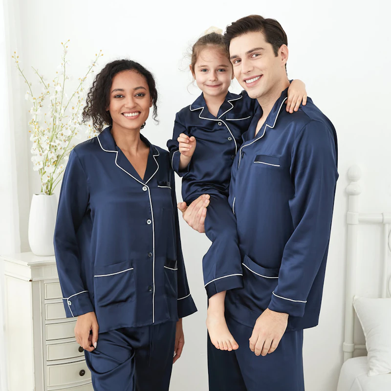 3 Sets RachelSilk Classic Silk Pajamas For Family - Navy Blue