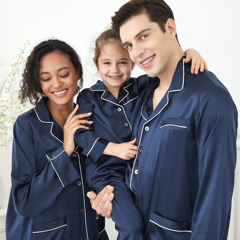 3 Sets RachelSilk Classic Silk Pajamas For Family - Navy Blue