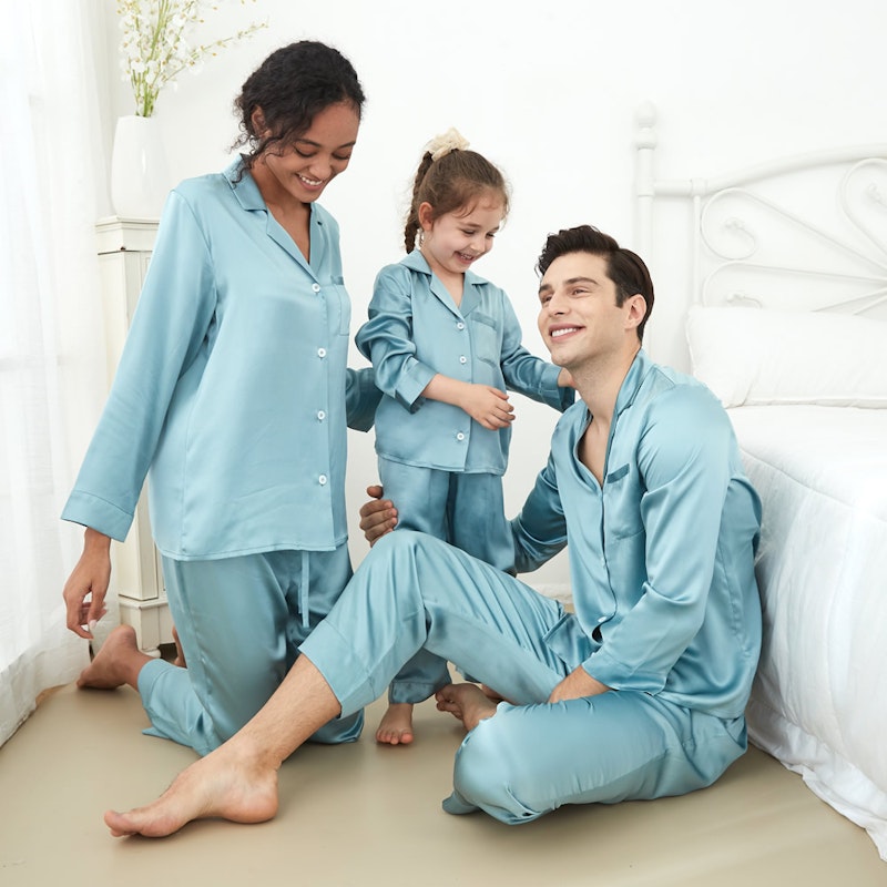 3 Sets RachelSilk Simple Silk Pajamas For Family - Blue Haze