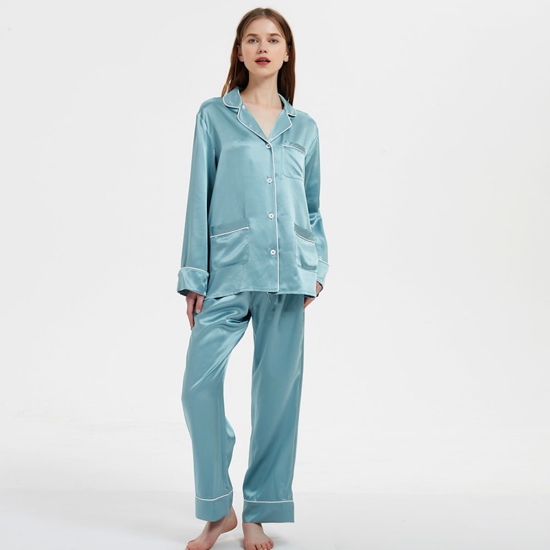 Women Full Length Silk Pajama Set With White Piping, RachelSilk