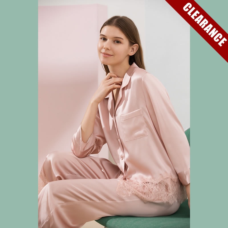 [CLEARANCE] Silk Pajama Set With Thick Lace Trim