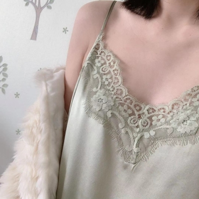 [CLEARANCE] Mid Length Silk Nightgown With Lace Trim